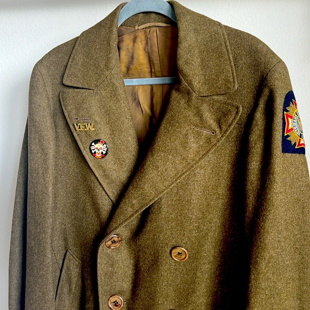 Overseas Veterans Army Green. Dbl breasted flannel wool military Trench Coat